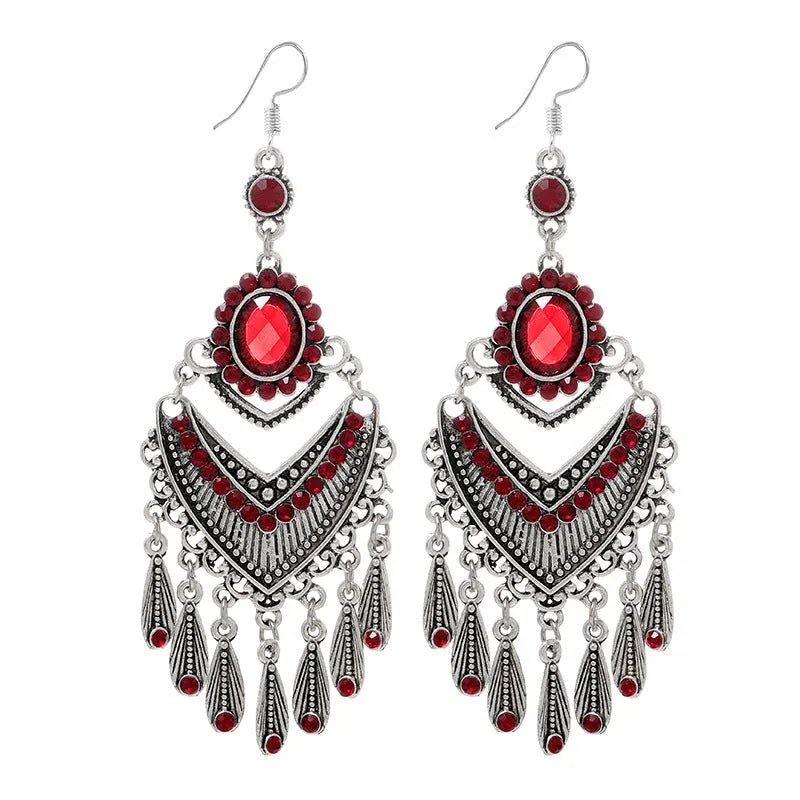 Purple retro fringe drop earrings with ethnic style design and long crystal detailing