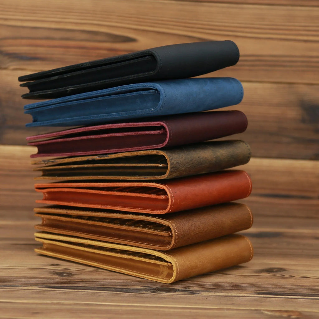 Men's long leather wallet open showing 18 card slots, cash compartment, and phone pocket.