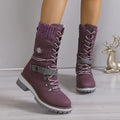 Women's knee-high fur-integrated snow boots with square heel and lace-up closure in black