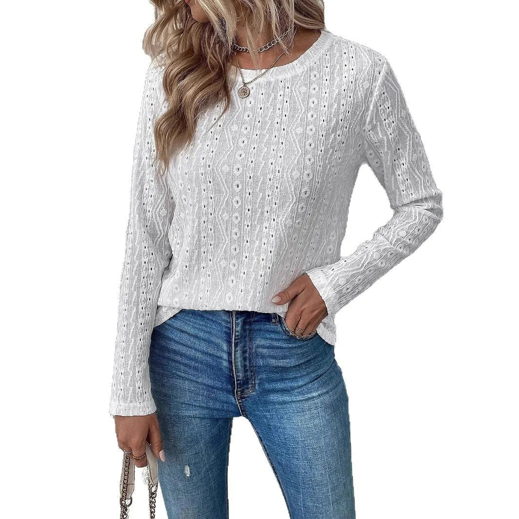 White loose fit long sleeve T-shirt with round neck and hollow polyester texture