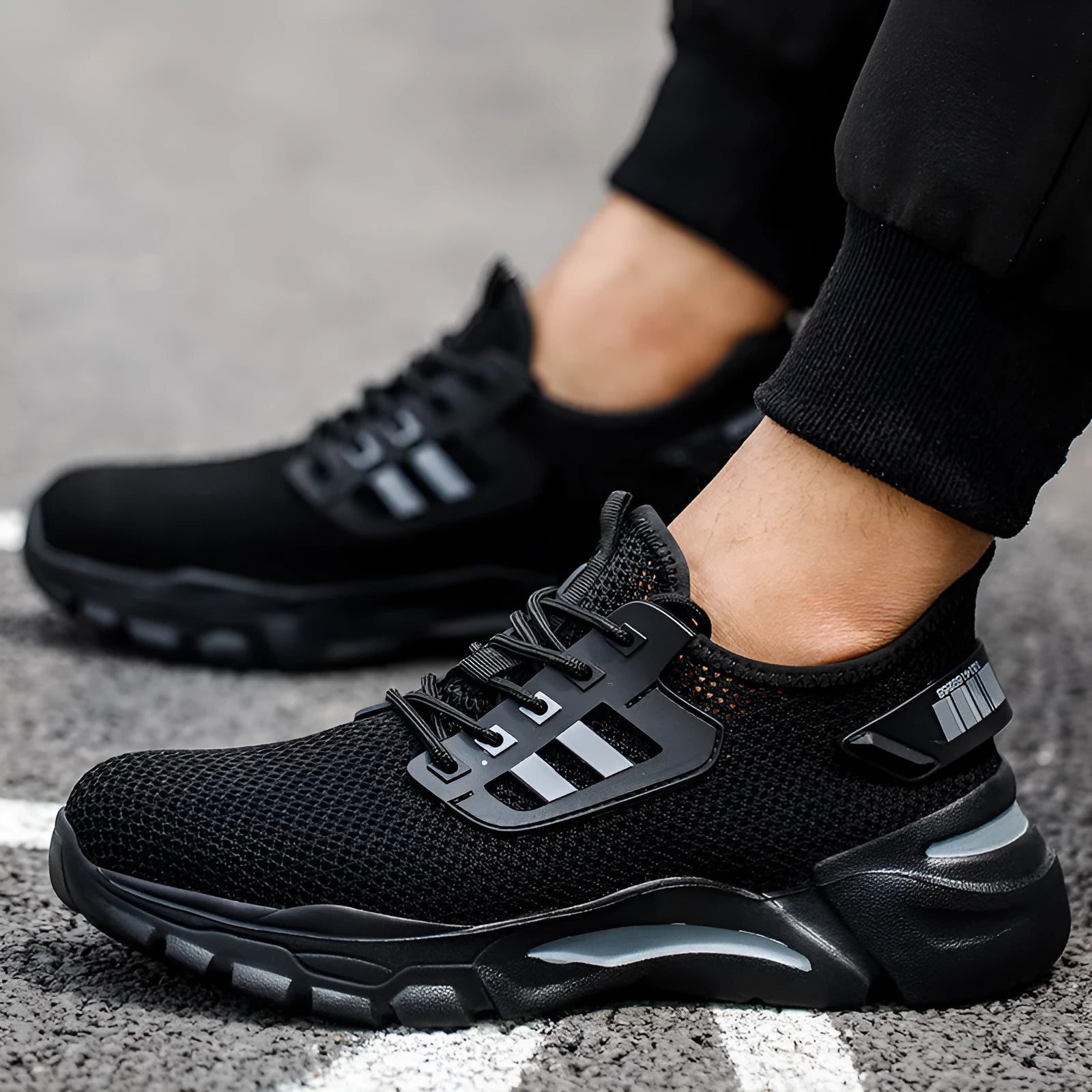 Men's black Flyknit low-top safety work shoe with a steel toe cap on a worksite background.