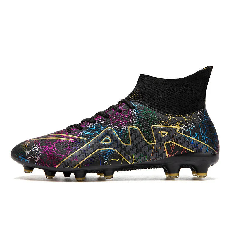 High-top football boots with rubber studded sole and breathable upper, available in black gold and white orange