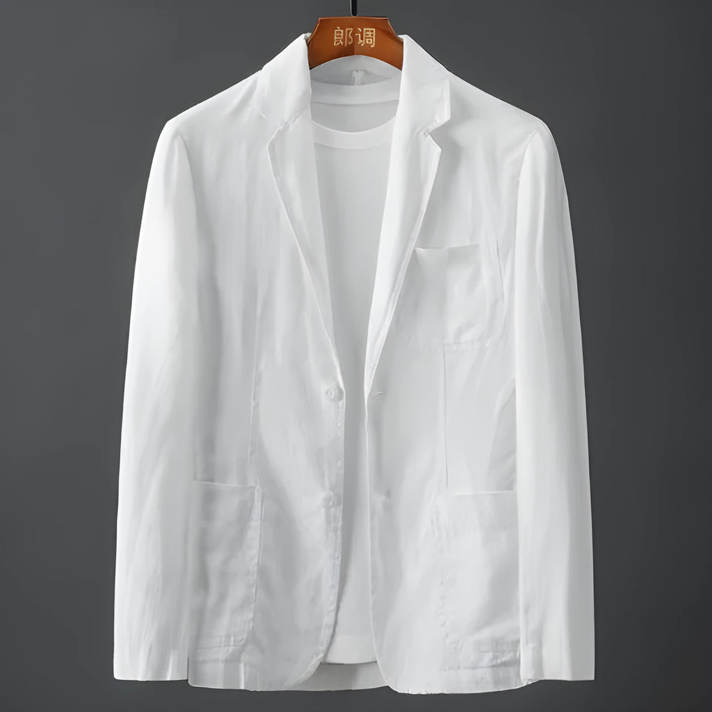 Men's slim fit linen suit jacket in chlorine fibre fabric with nine-point sleeves