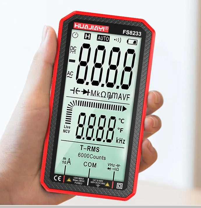 Black and red fully automatic digital multimeter with large screen display showing measurement readings