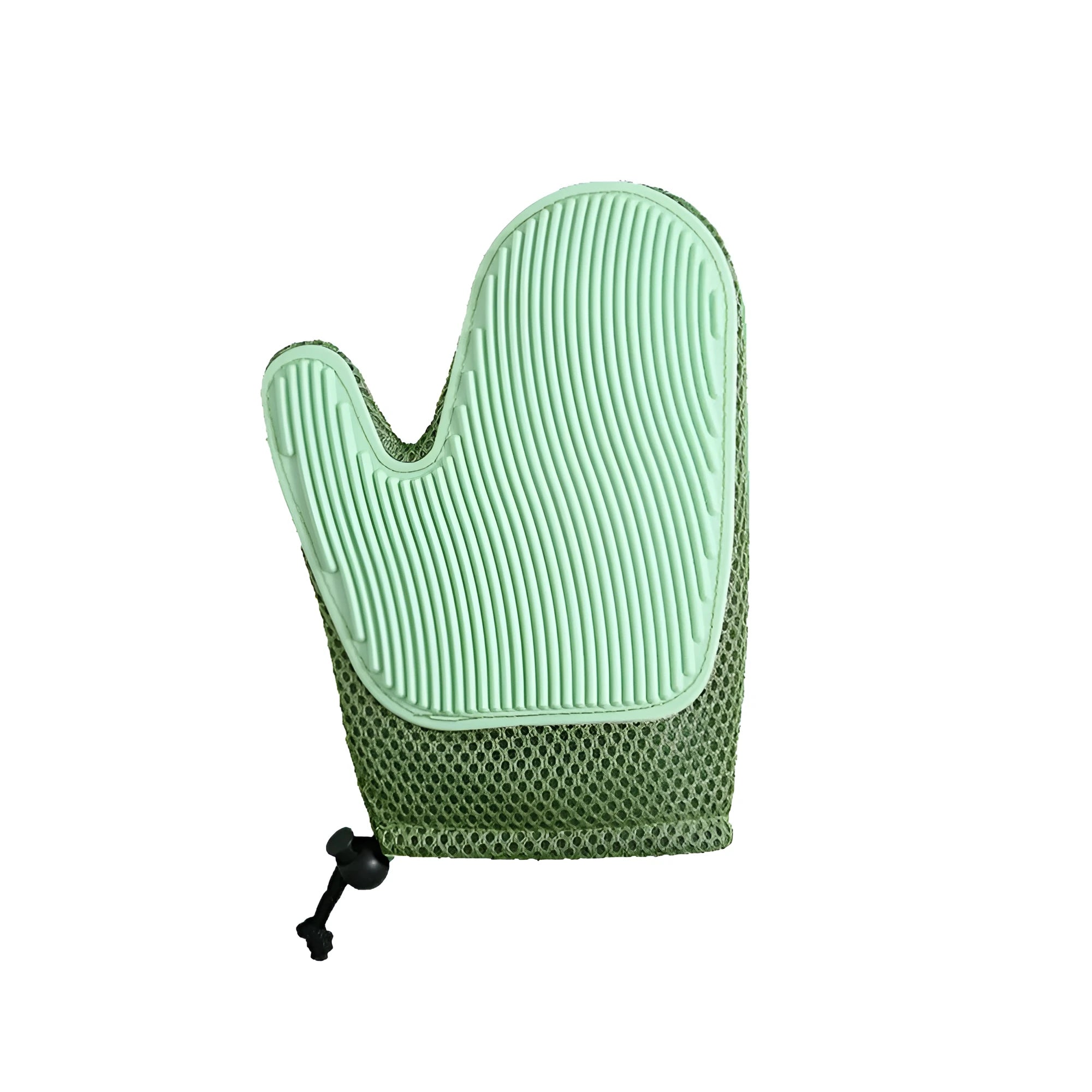 Right-handed pet hair removal glove in blue, green, or yellow, showing textured mesh surface