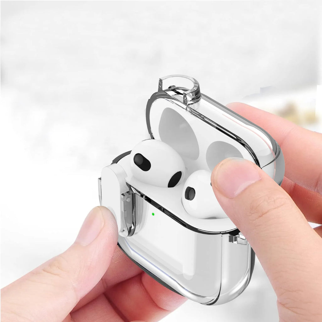 Transparent TPU earphone case for Apple AirPods 4, shown in transparent, grey and pink