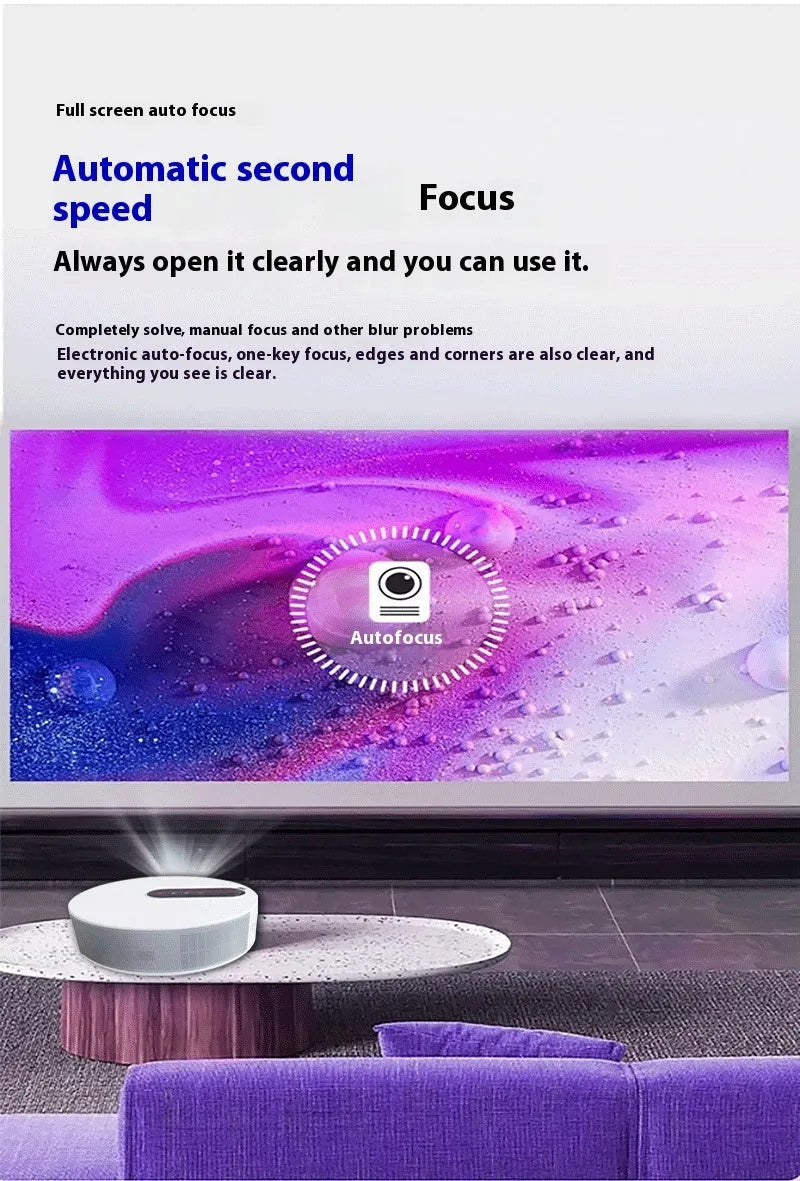 White compact 720p HD home projector with remote control on a table.