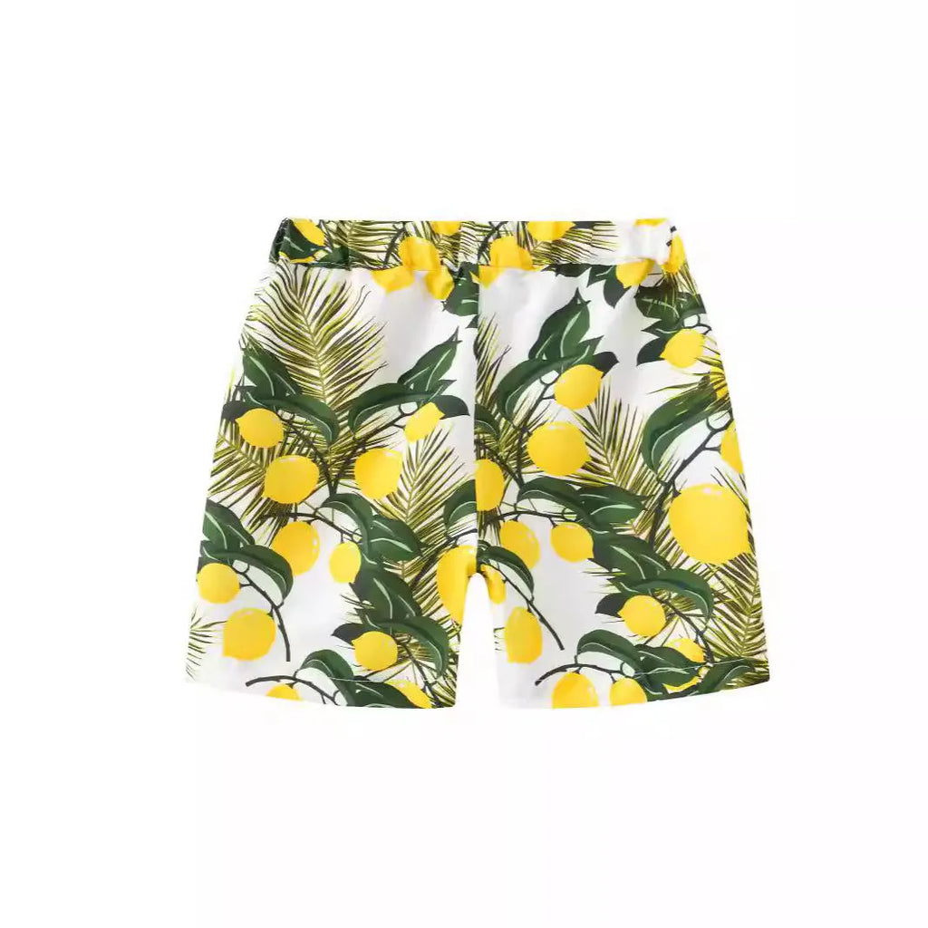 Colourful printed beach shorts with elasticated waistband showing coconut tree design