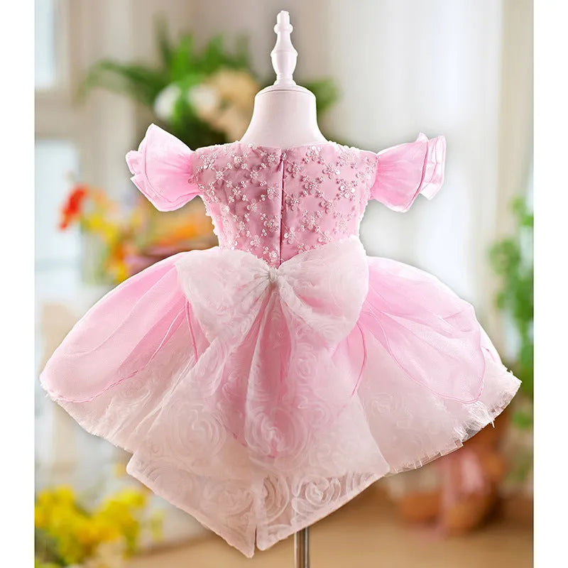 Children flounced sleeve pettiskirt birthday dress in pink polyester fibre for girls 80-160cm
