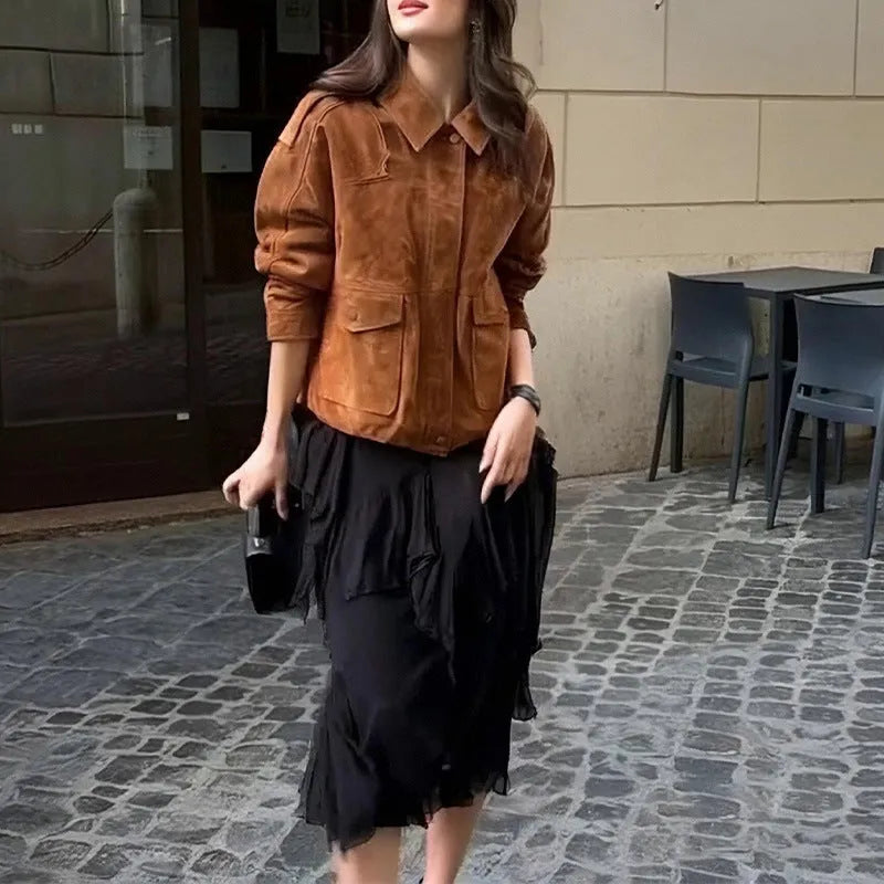 Women's street chic suede coat in bright brown colour with regular sleeves