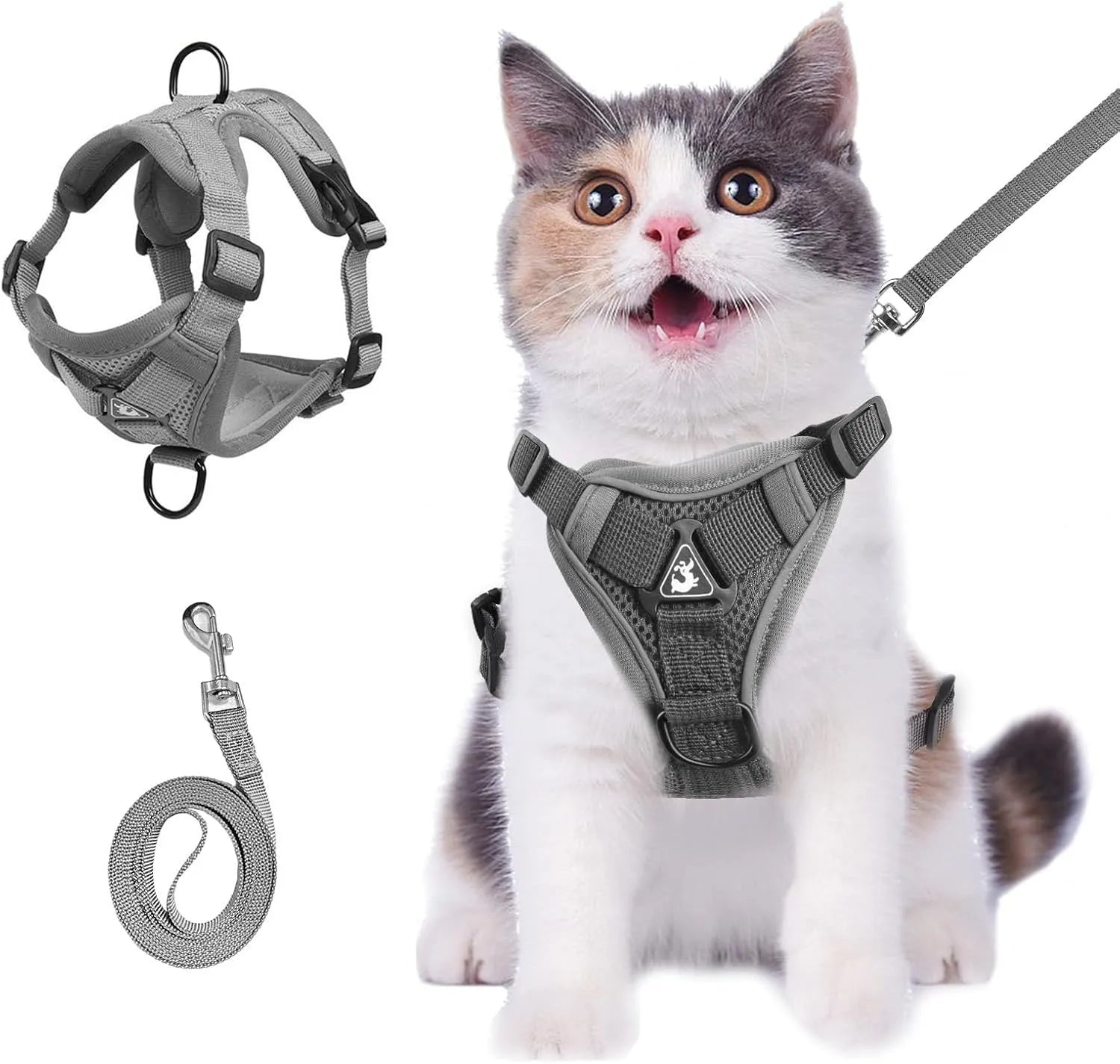 Blue adjustable mesh cat harness with reflective strips and leash for outdoor walks