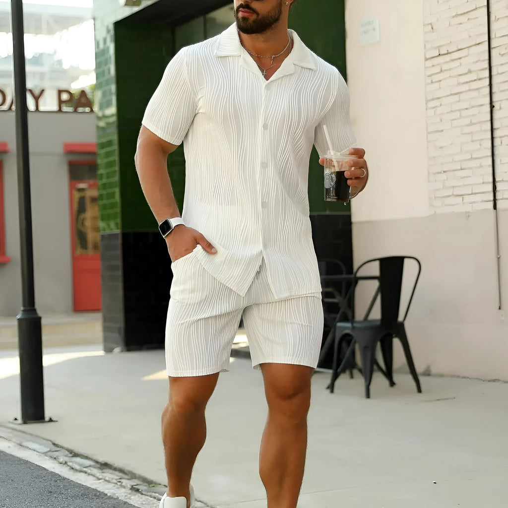Men's black wave pattern shorts suit set with short sleeve shirt and matching shorts on hanger