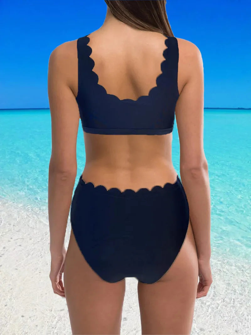 Women's high-waisted split swimsuit in solid colour with polyester fabric