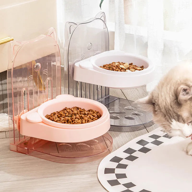 Grey cat ear design pet feeding bowl with adjustable height and anti-spill rim