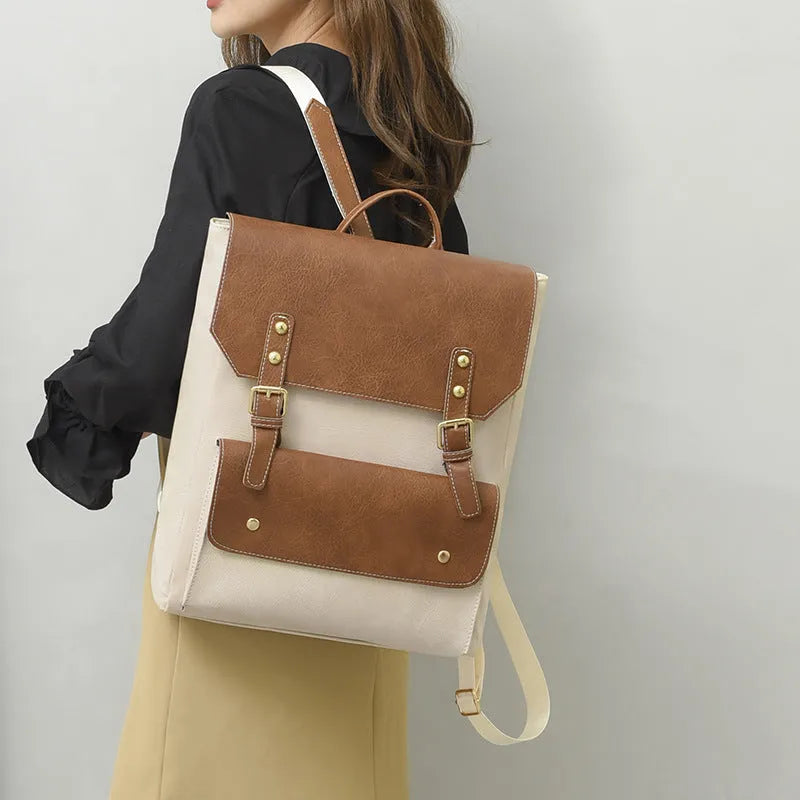 Korean style retro backpack in soft PU leather showing ventilation features and retro design elements