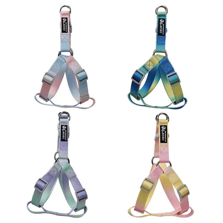Gradient colour nylon dog lead and adjustable chest harness set in pink and yellow