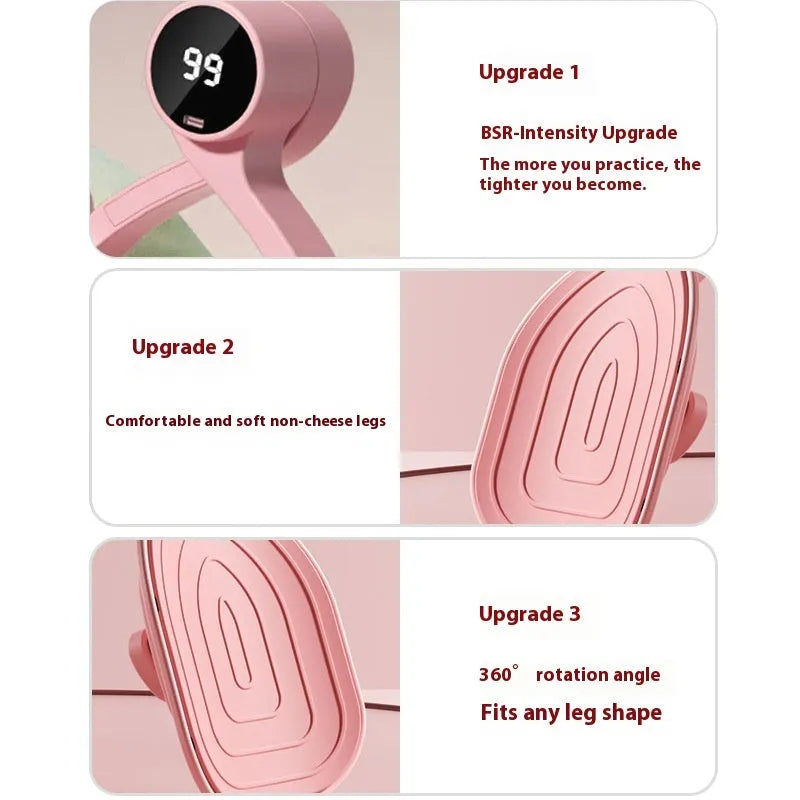 Pink and purple pelvic floor muscle trainer with rubber-coated handles and three resistance settings