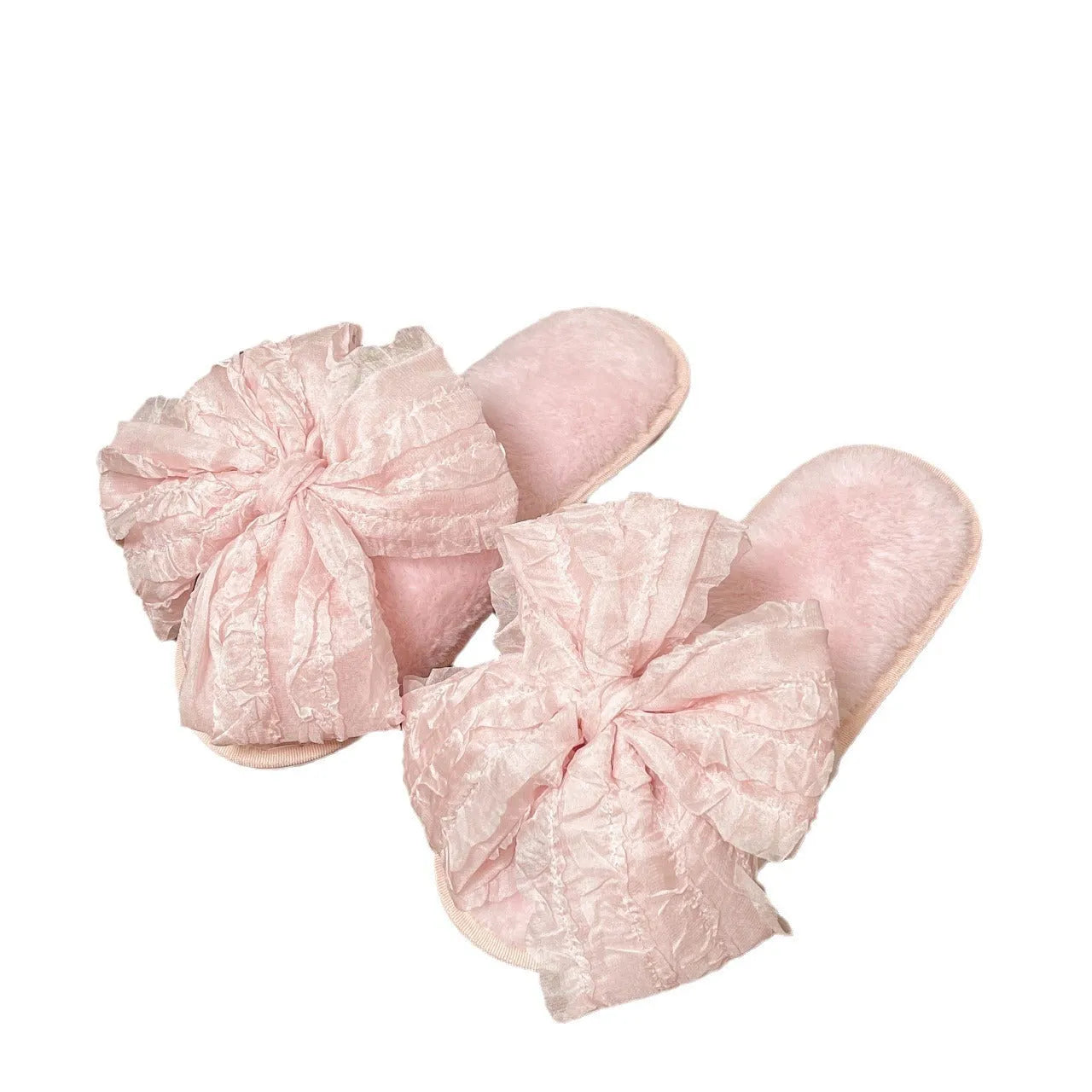 Sweet style big bow plush cotton slippers for women, round toe, soft TPR sole, available in pink white and green colours