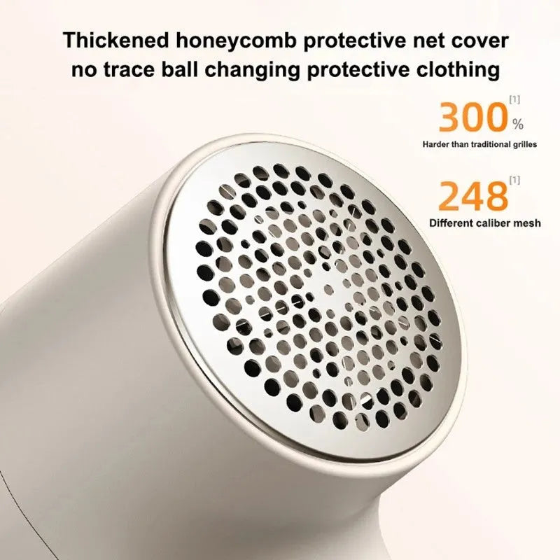 White electric lint remover with LED display showing dimensions 126x73x68mm