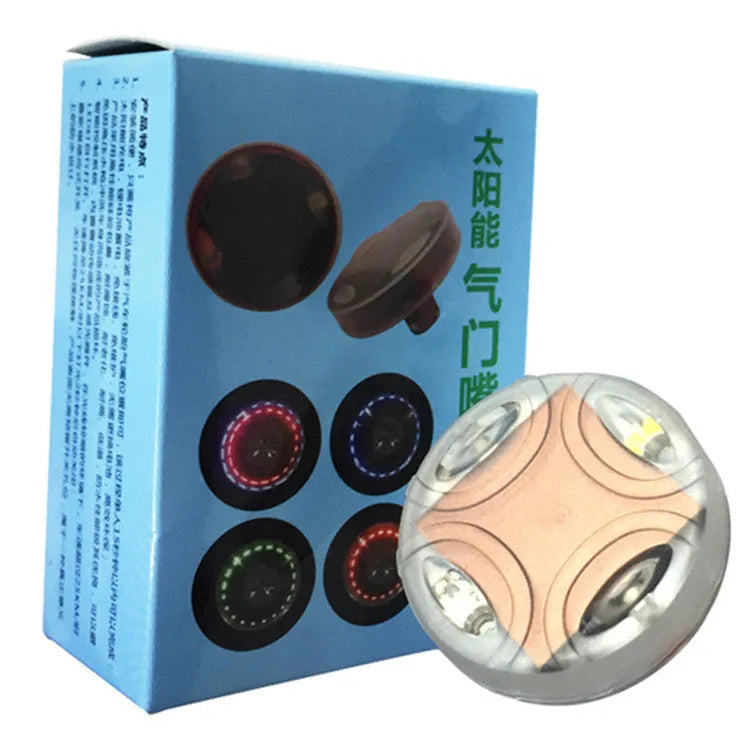 Colourful solar wheel hub lamp on vehicle tyre valve, 4cm diameter, with PC case and multiple flash modes