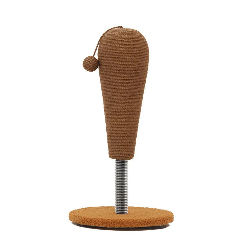 A hemp rope cat scratch board showing large and small size options with either a tumbler or cat grasping ball toy attached.