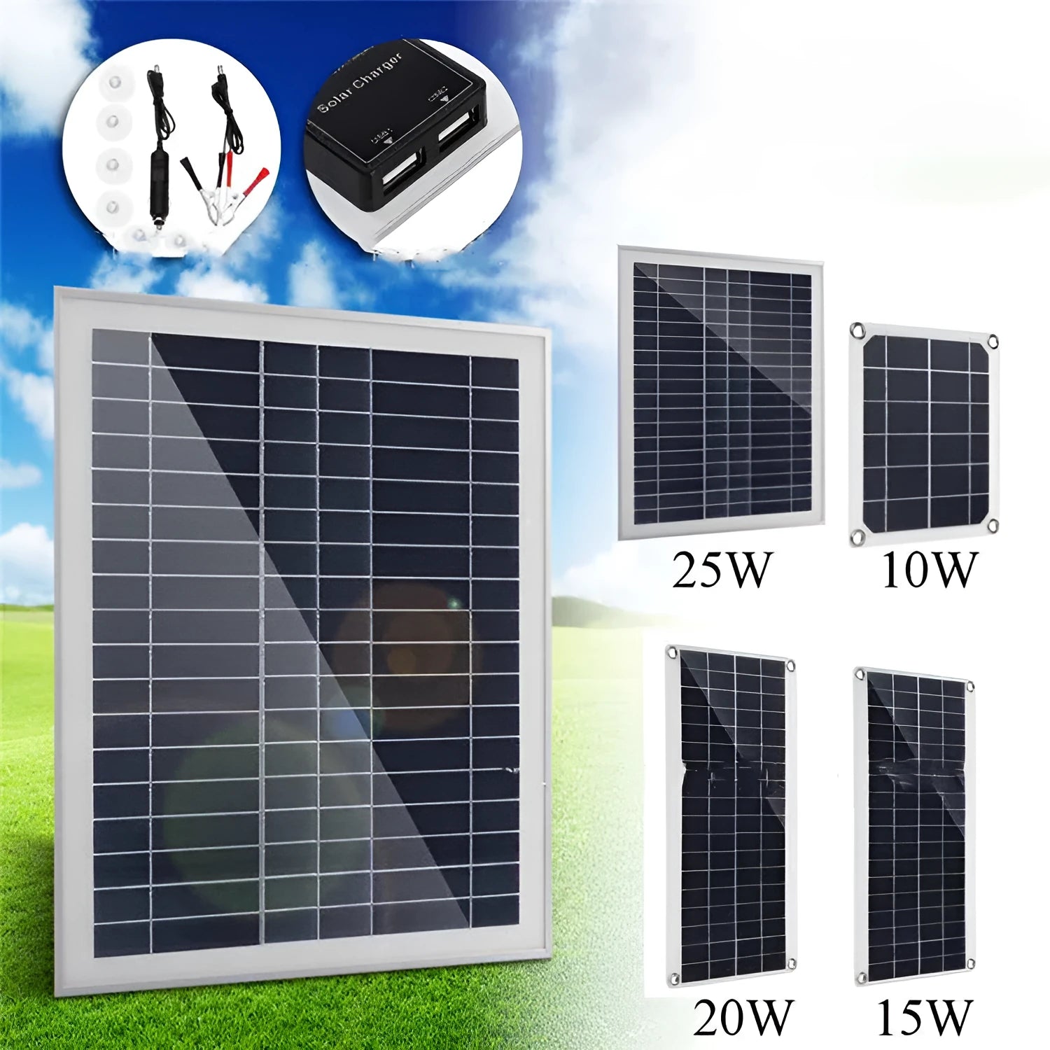 Polycrystalline silicon solar panel with dual USB charging ports for outdoor device power