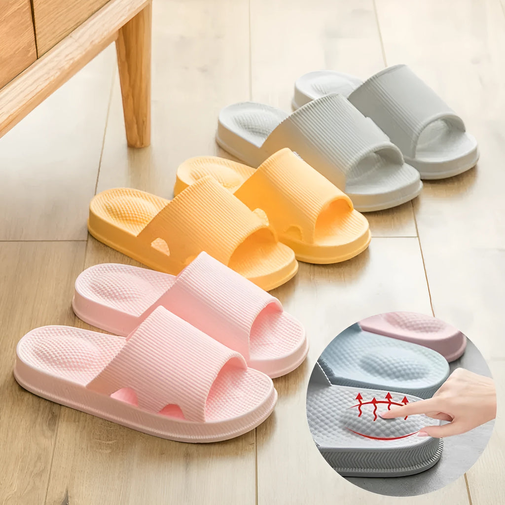Women bathroom slippers with heel massage ball design, PVC flip-flops in black, grey, pink, matcha green, sky blue