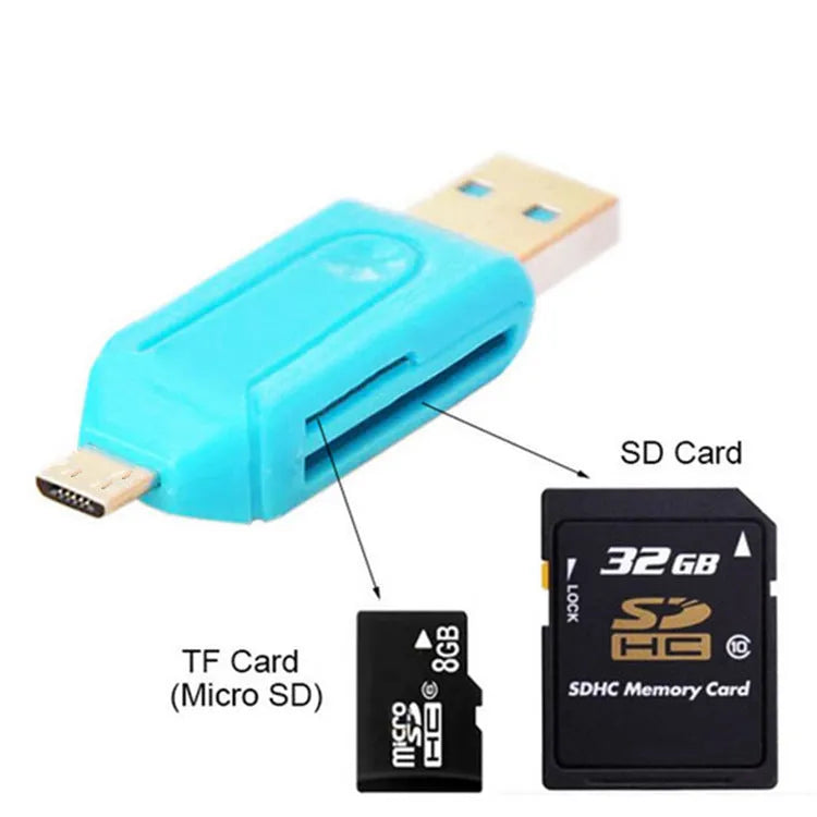 OTG dual-purpose card reader with USB 2.0 and micro USB interfaces in five colour options