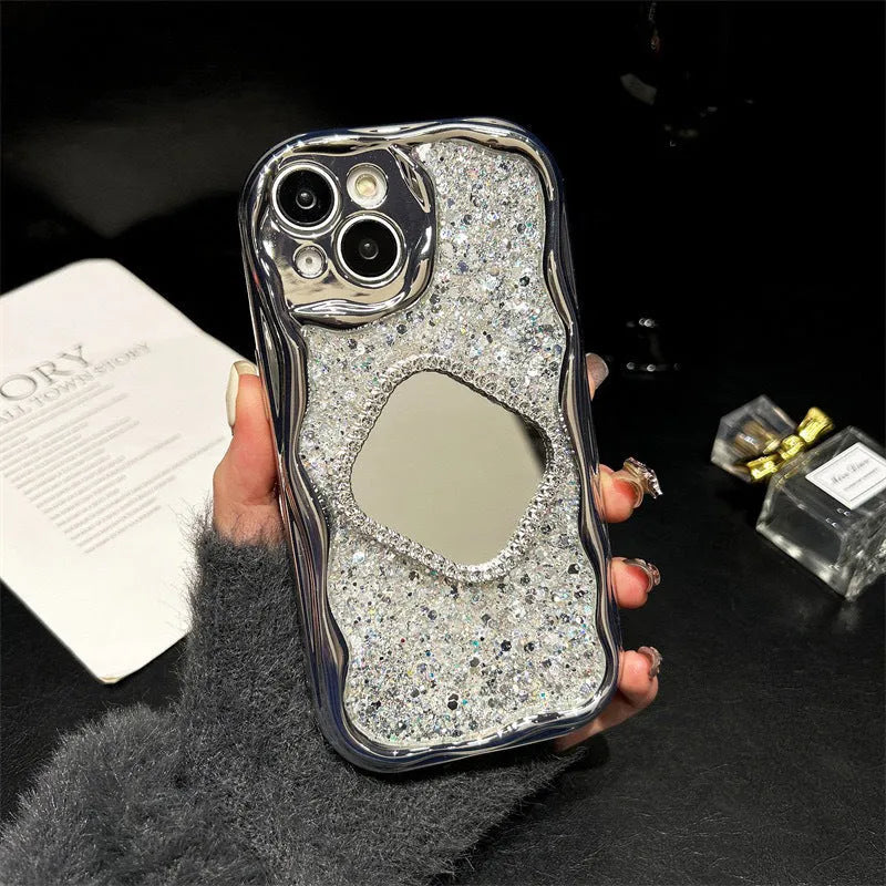 Cream shell high flash epoxy phone case with heart shape mirror in Silver for Apple iPhone