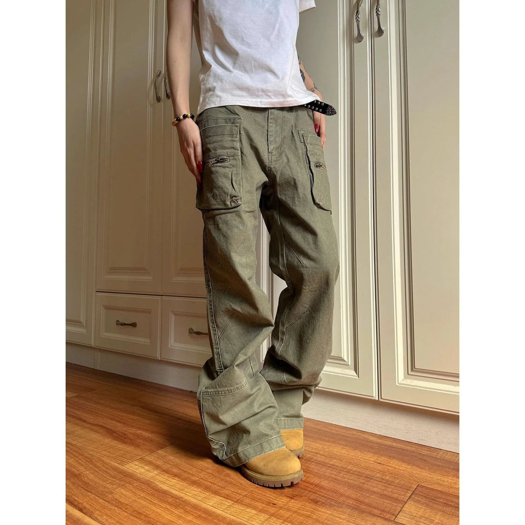 Green double zip cotton casual workwear trousers with a pocket, shown in a mid-waist fit.