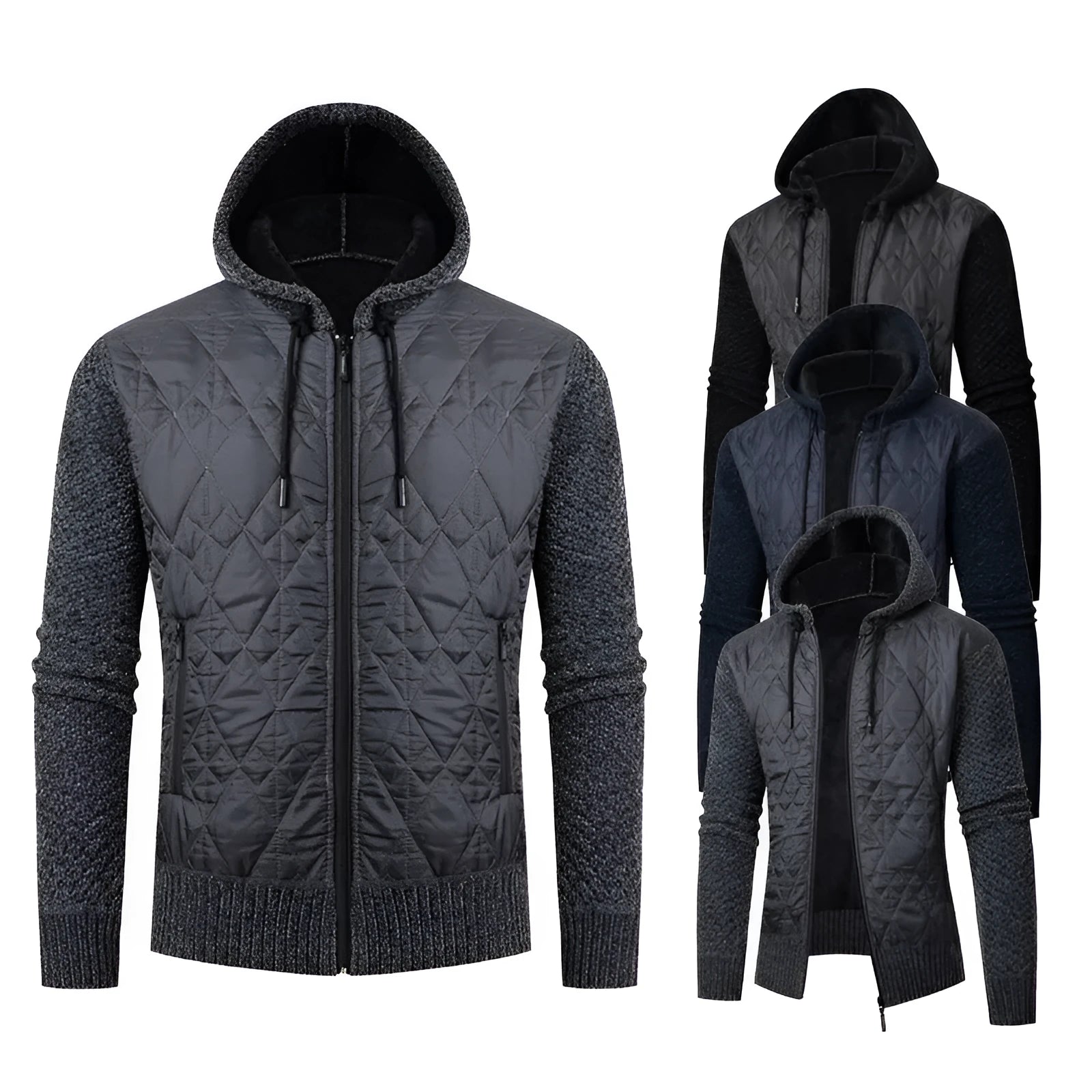 Men's gray hooded sweater coat with cinched waist in wool corduroy fabric