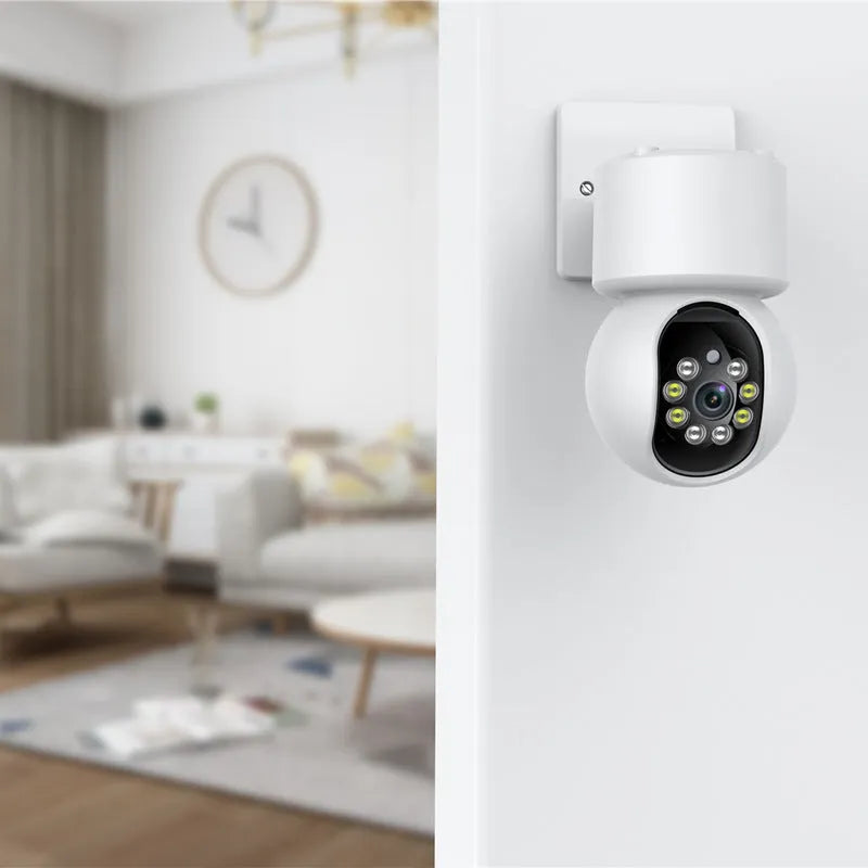 White wireless indoor security camera with 360-degree rotation and full-colour night vision capabilities