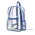 Transparent PVC travel backpack showing visible contents through clear material