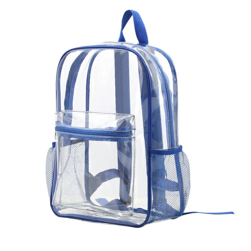 Transparent PVC travel backpack showing visible contents through clear material