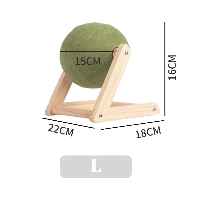 Giant green catnip ball with wooden holder for indoor cats, available in sizes L and S