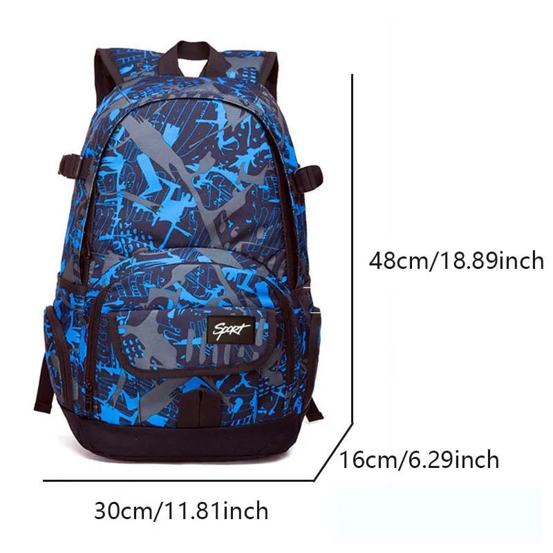 A classic blue or red nylon backpack with a large main compartment and multiple organiser pockets.