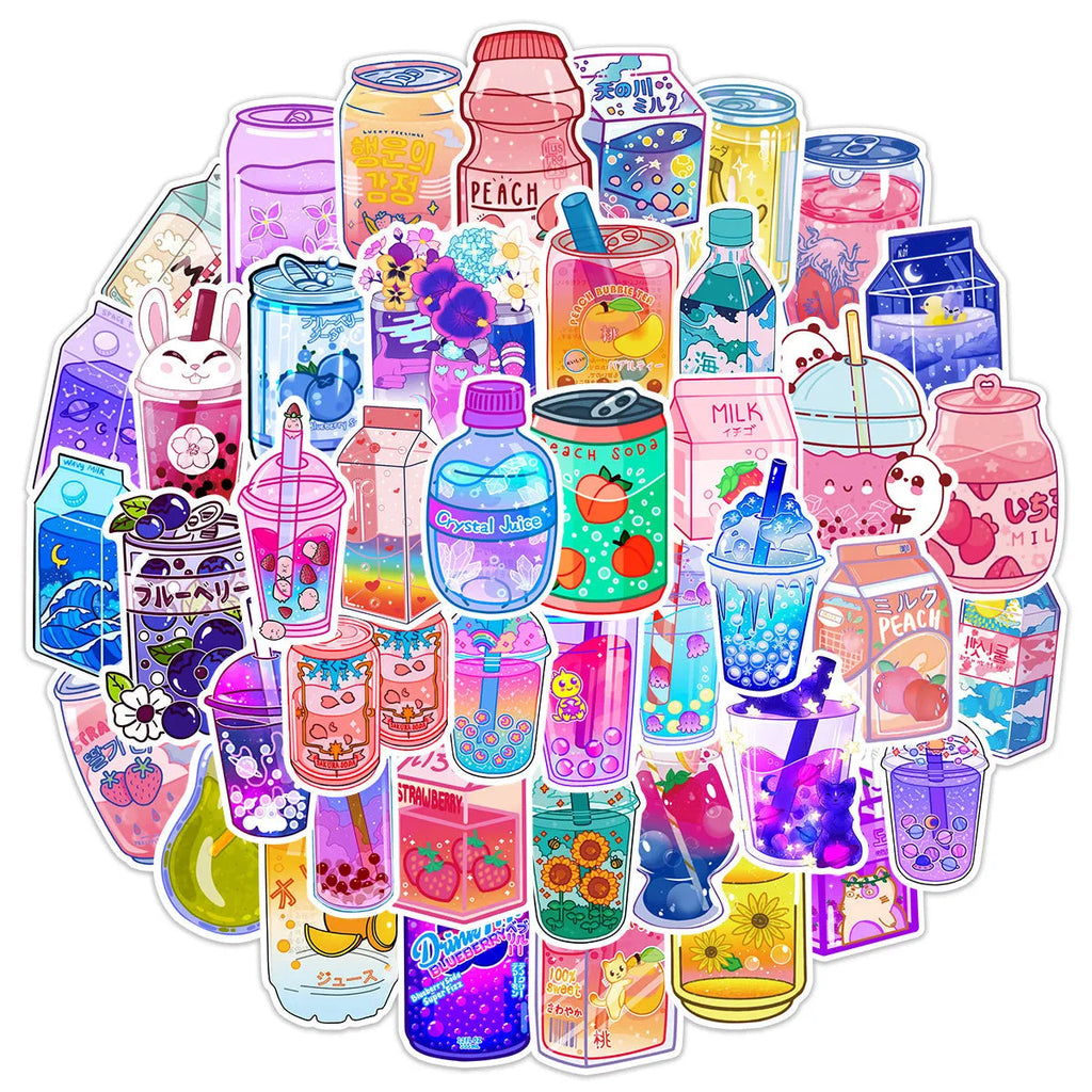 Cartoon drink graffiti stickers, 50 pack PVC adhesive, 4-8cm, in OPP bag, colour A