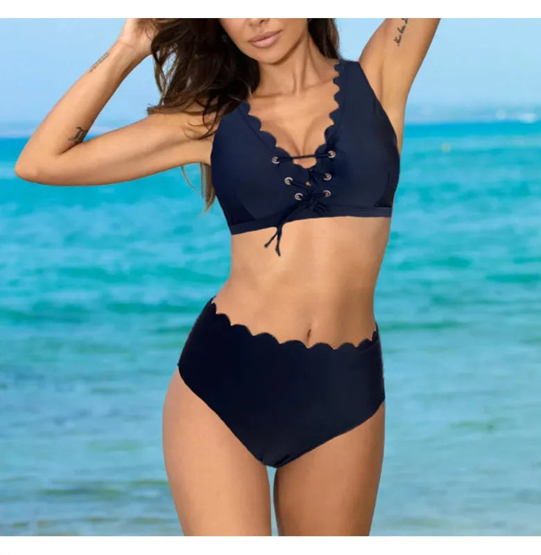 Women's high-waisted split swimsuit in solid colour with polyester fabric