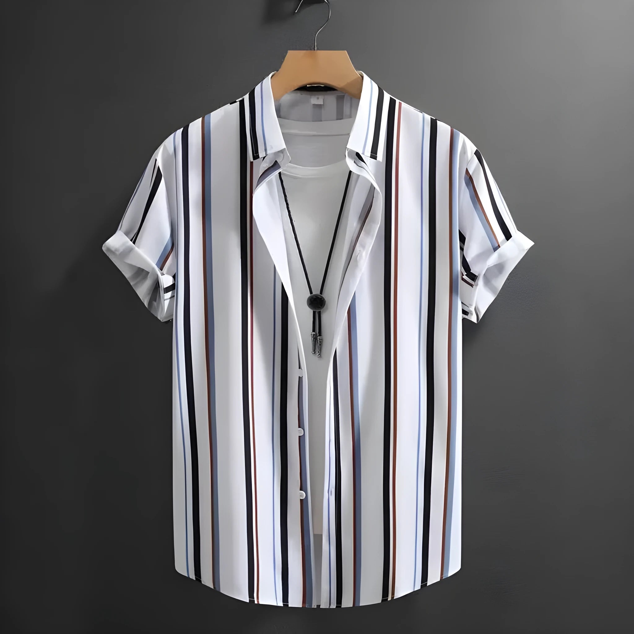 Men's loose fit striped summer shirt with stand collar in cardigan style
