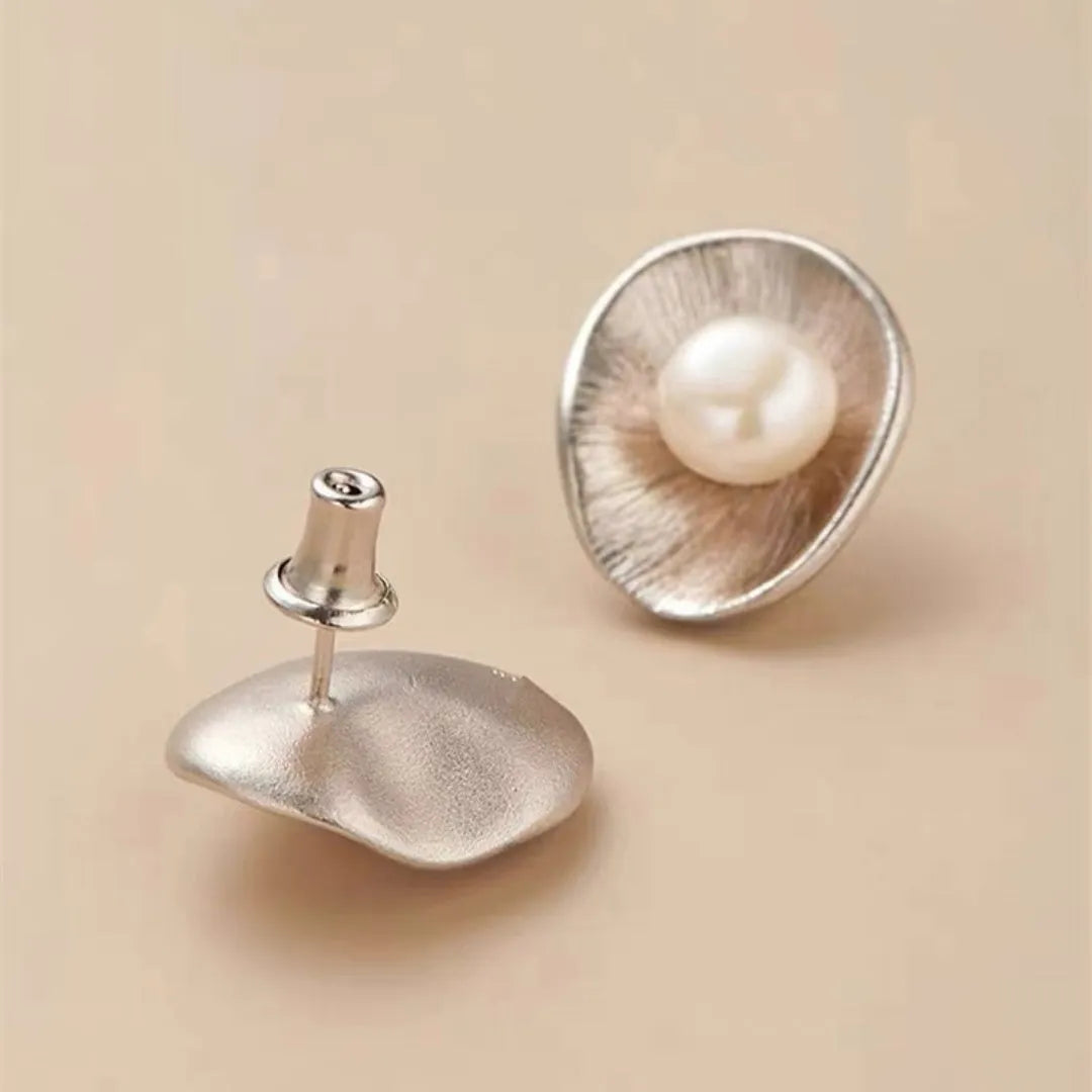 Pearl sterling silver geometric ear studs with gold electroplating and needle post fastenings