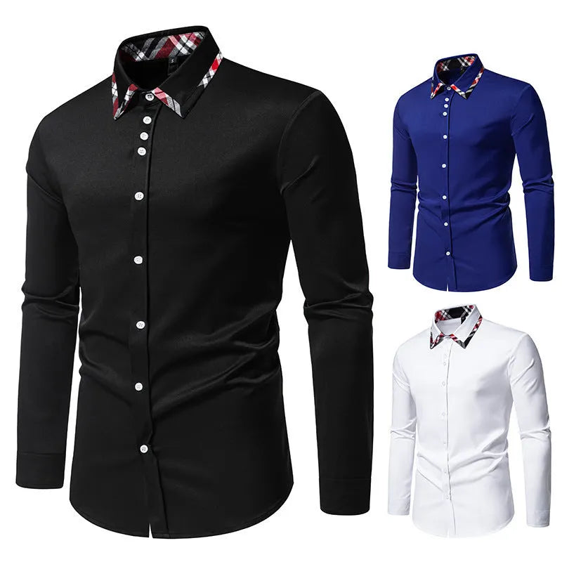 Men's plaid long sleeve shirt with triangle collar in black, blue, or white.