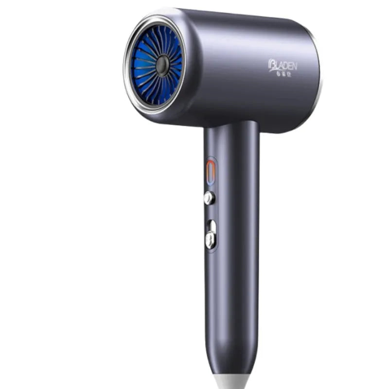 Black household anion hair dryer with blue light, five fan speeds, and air collecting nozzle on neutral background
