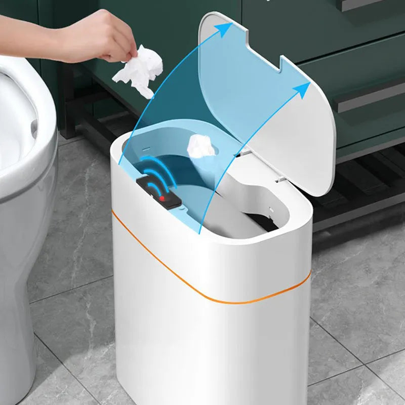 White automatic induction smart trash can with lid open, showing internal bin liner.