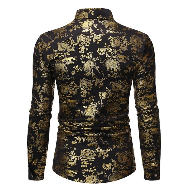 Man wearing a casual long sleeve printed shirt with a metallic bronzed lapel detail.