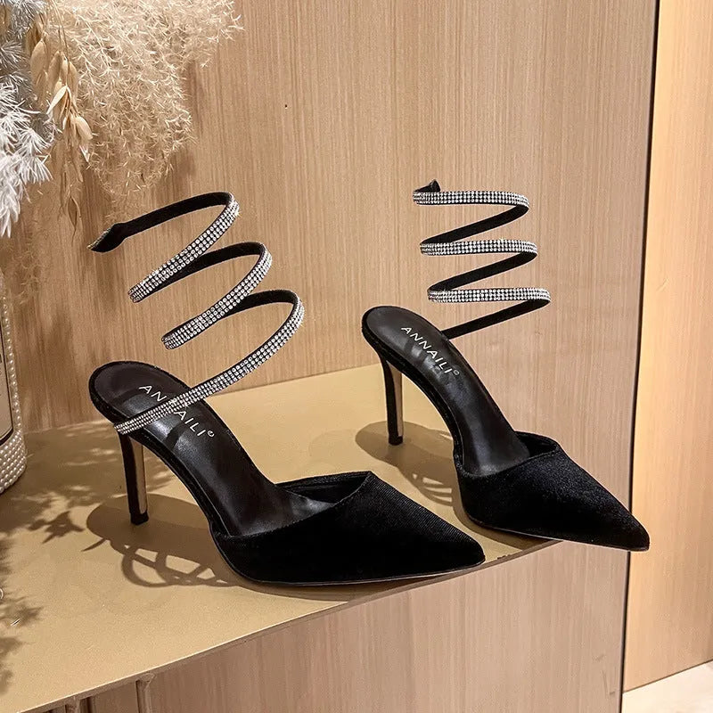 Women pointed stiletto high heels with ankle strap in black velvet 7cm heel