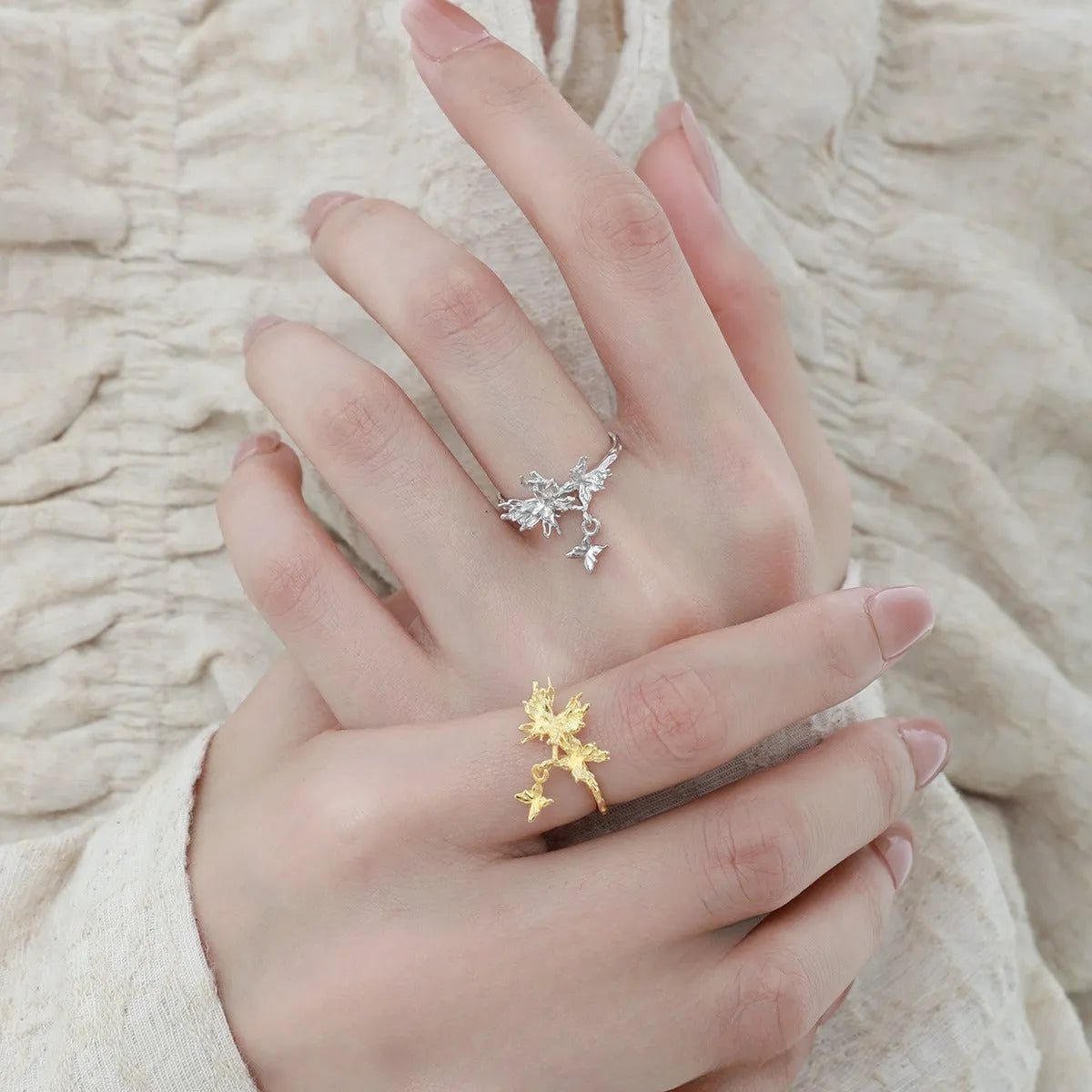 Silver butterfly ring with adjustable opening in electroplated gold finish