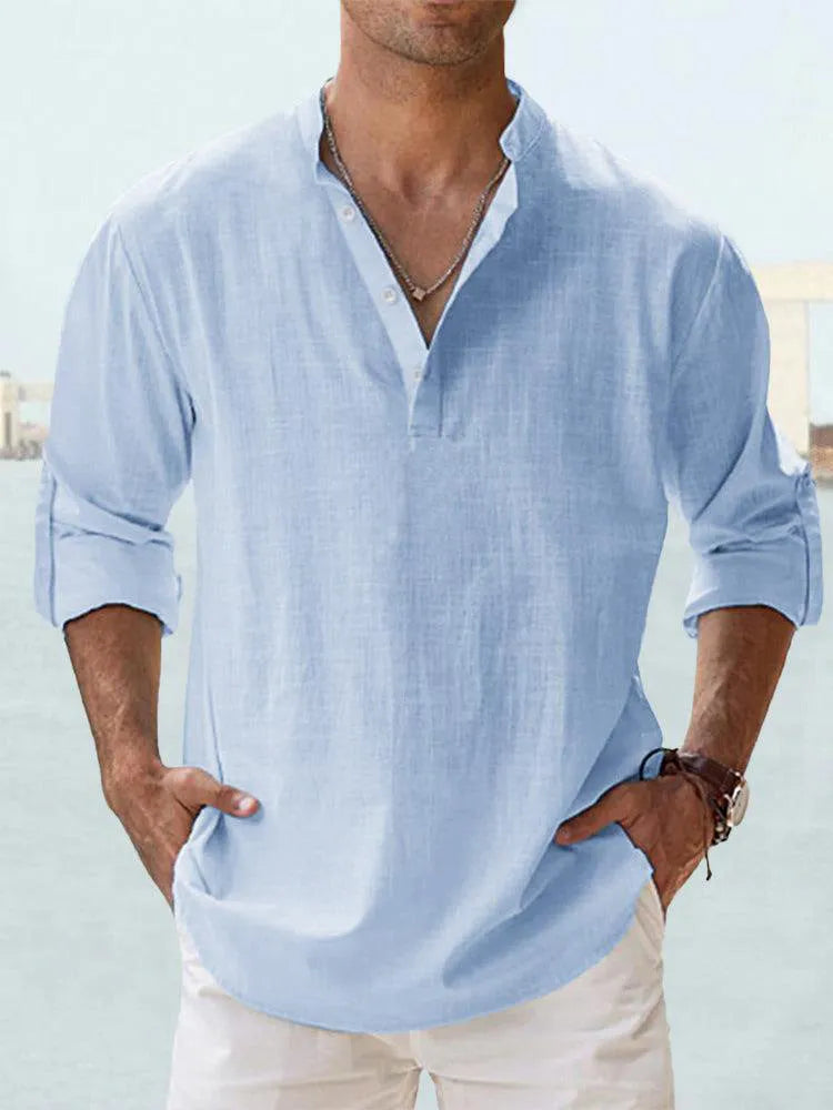 Men's casual cotton linen pullover shirt in khaki with stand collar, loose fit, long sleeves