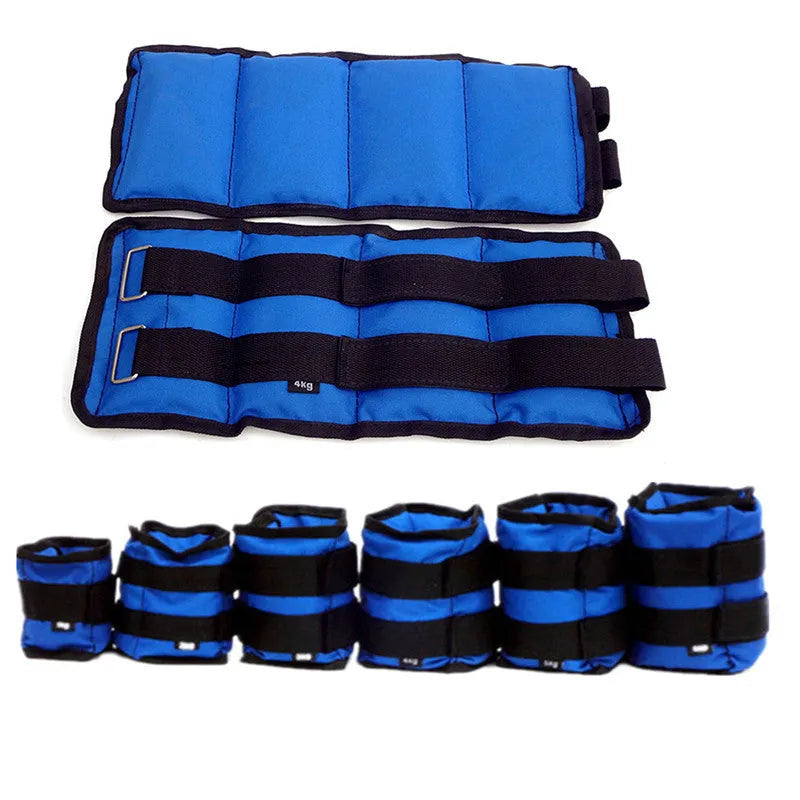 A pair of Oxford cloth legging sandbags for athletic training, shown with weight options from 1kg to 6kg.
