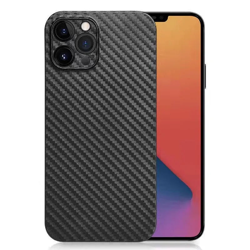 Black ultra-thin hard shell phone case with carbon fibre grain finish and anti-fingerprint PP rear cover.