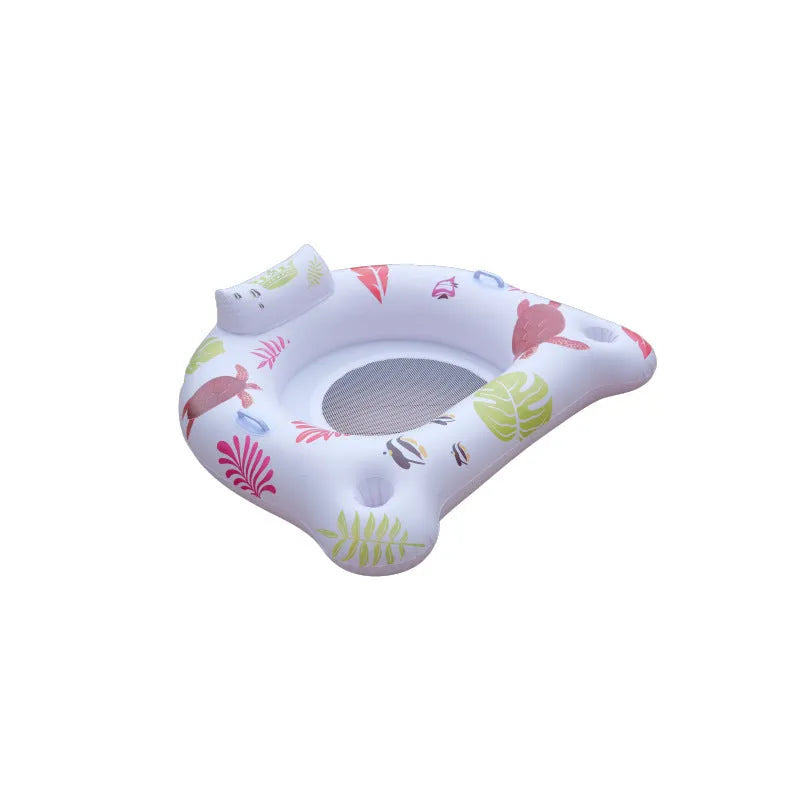 White luminous U-shaped inflatable float on water, showing recliner seat design.